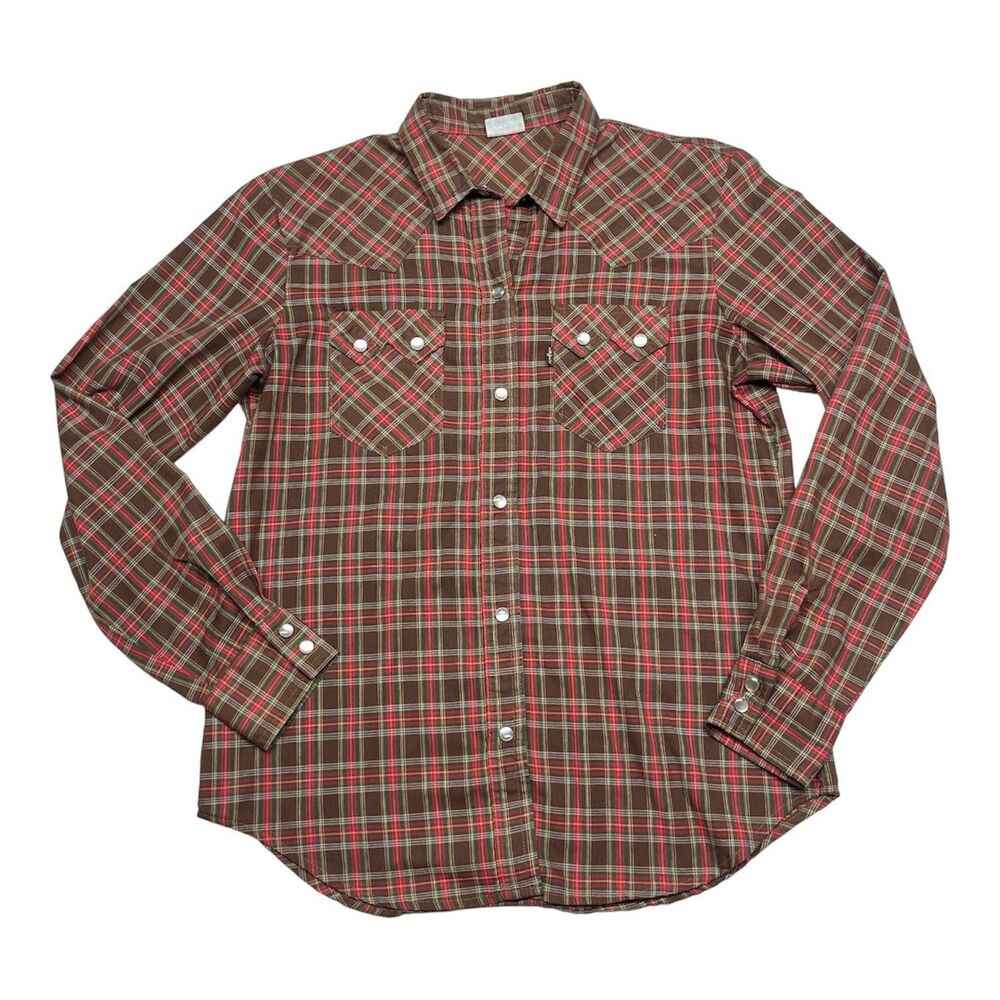 Vintage 70s Levi's Women's Pearl Snap Red Plaid Check Western Rodeo Shirt Small